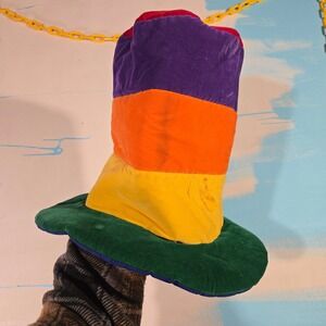 VTG Pony Express Rainbow Mad Hatter Velvet Top Hat 10" Tall Color Block USA Sz L